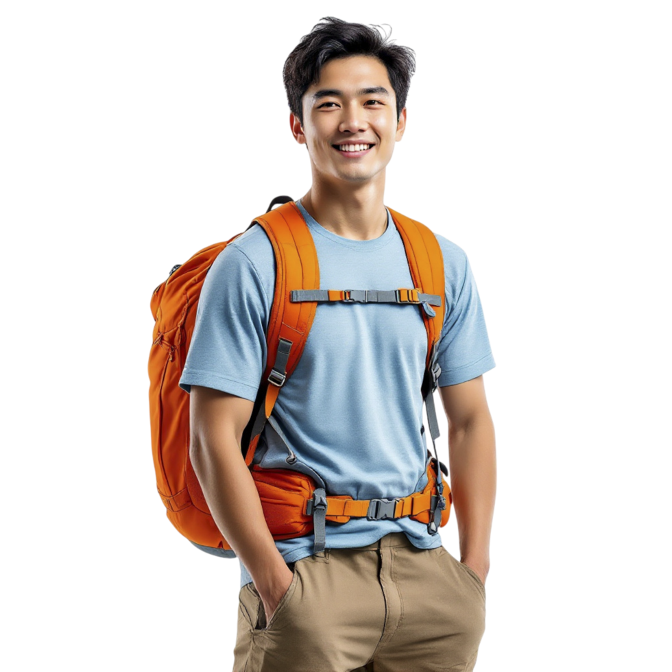 A young man with a backpack on his back png