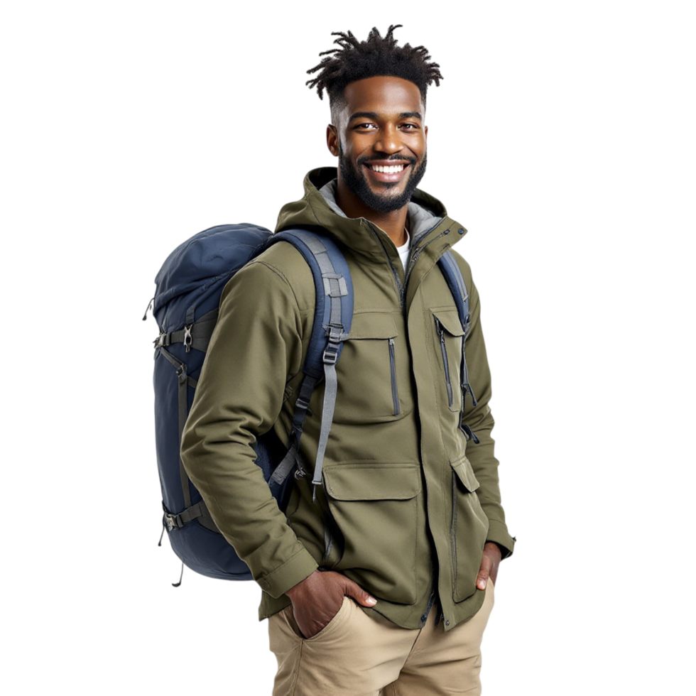 A man in a green jacket and khaki pants png