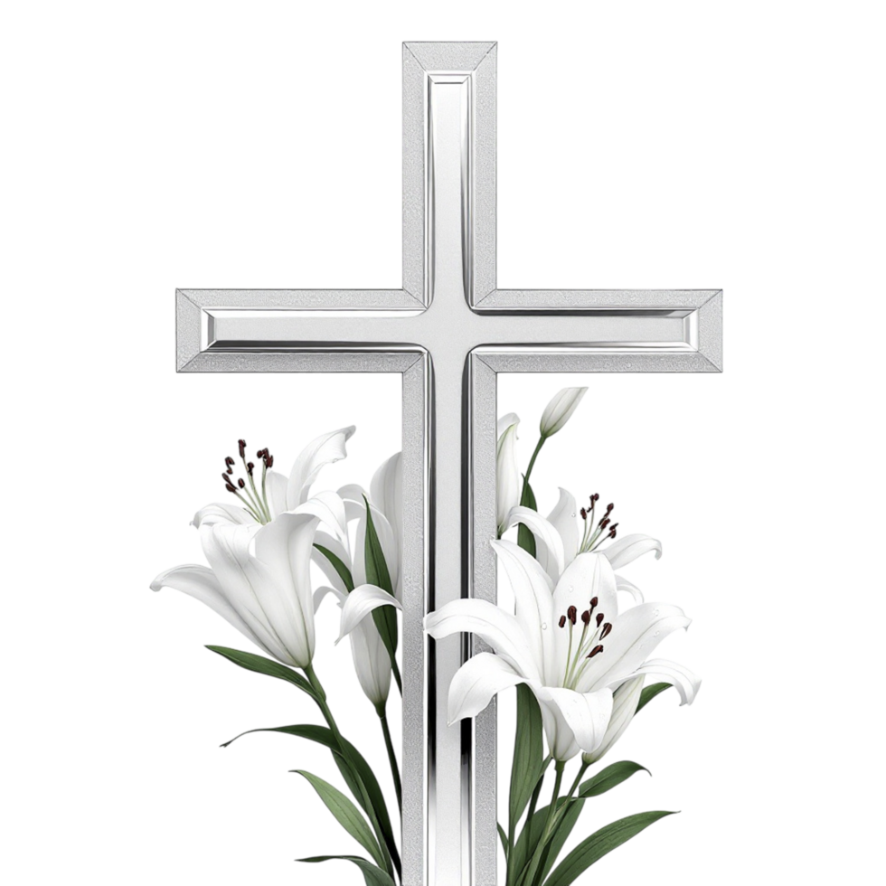 A cross and white lilies on a black background png