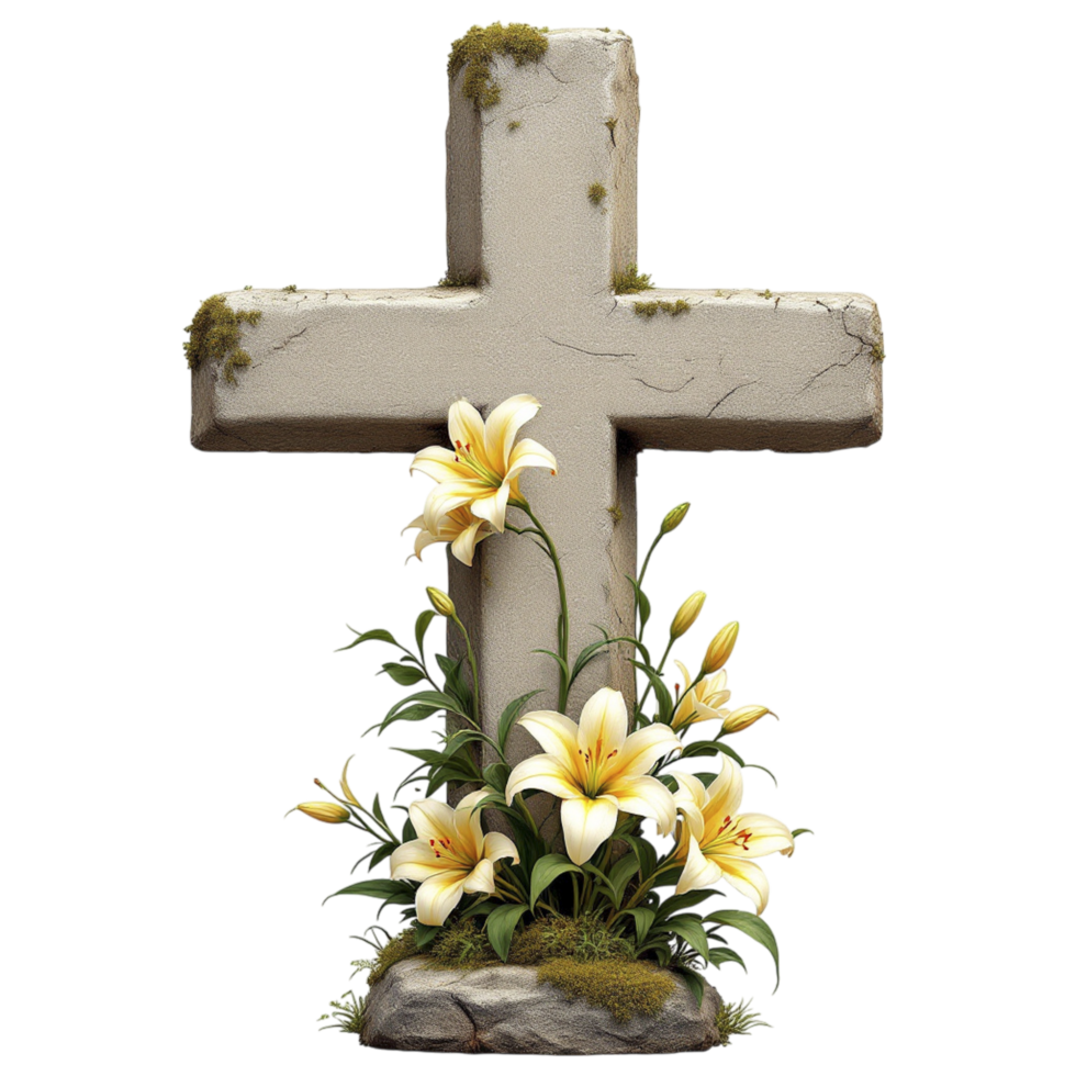 A cross with flowers and moss on it png