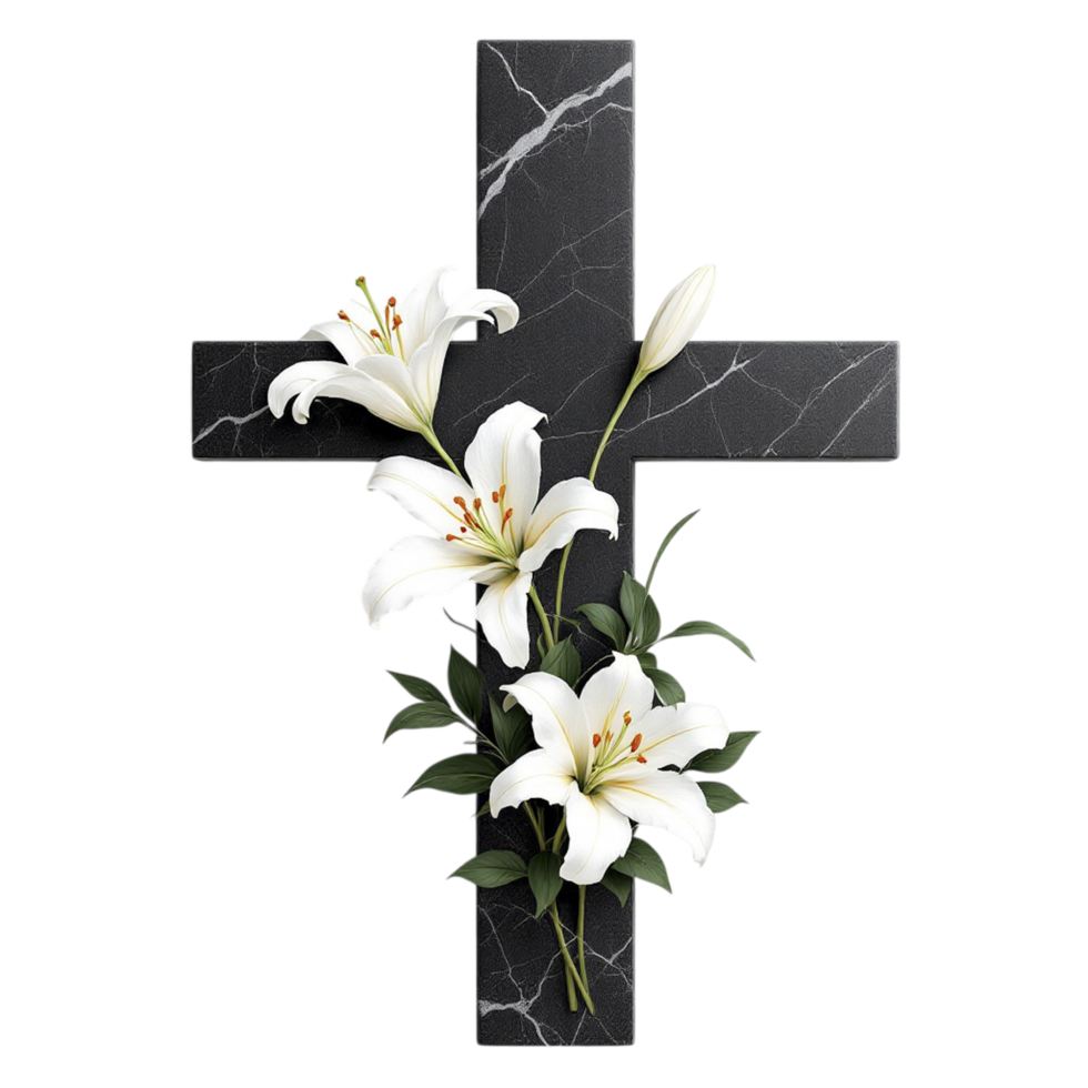 A cross with white lilies and a marble background png