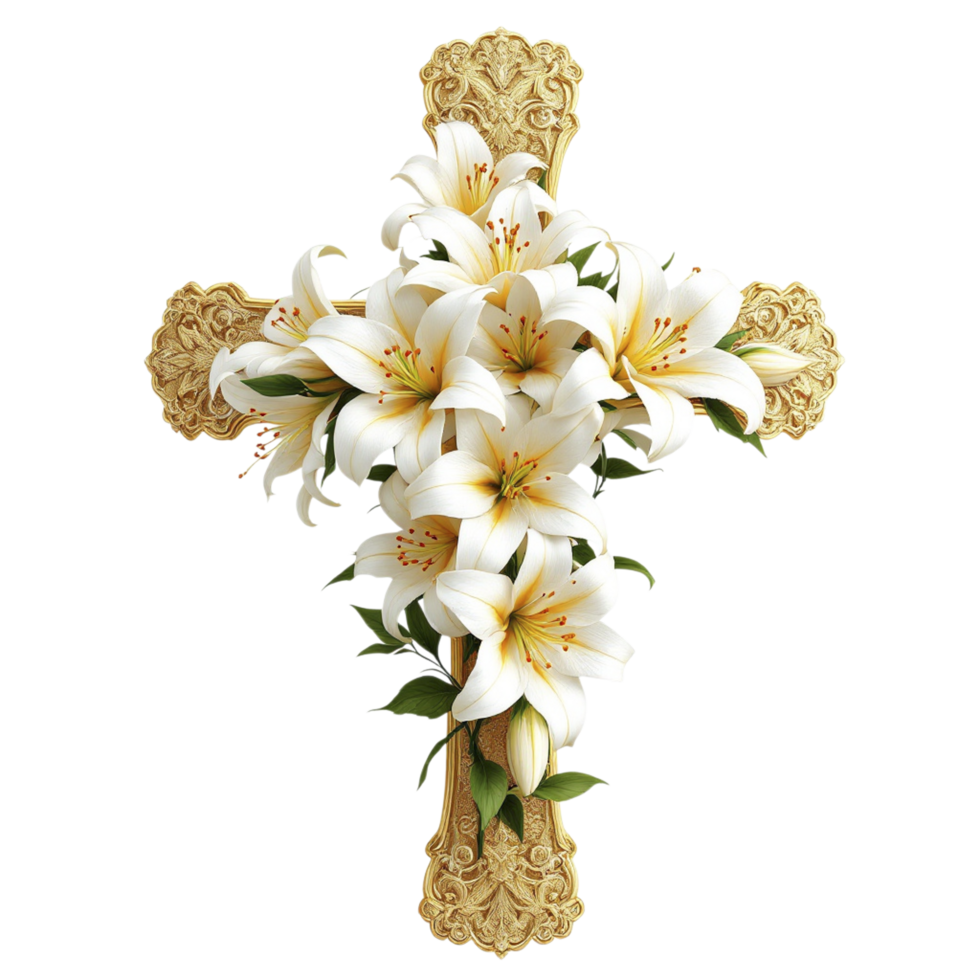 A cross with white lilies and leaves on it png