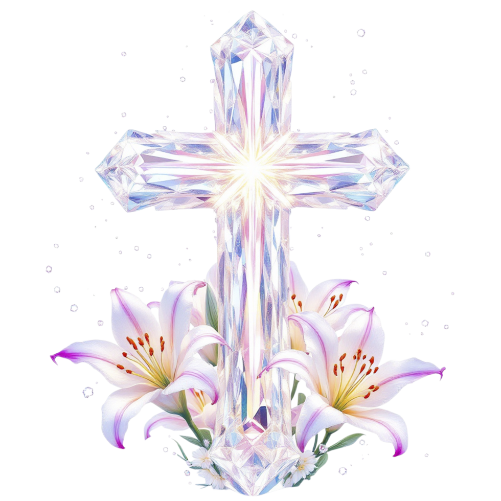 A cross with lilies and a diamond png