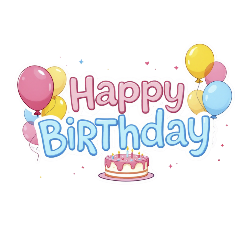Happy birthday sticker with balloons and cake png