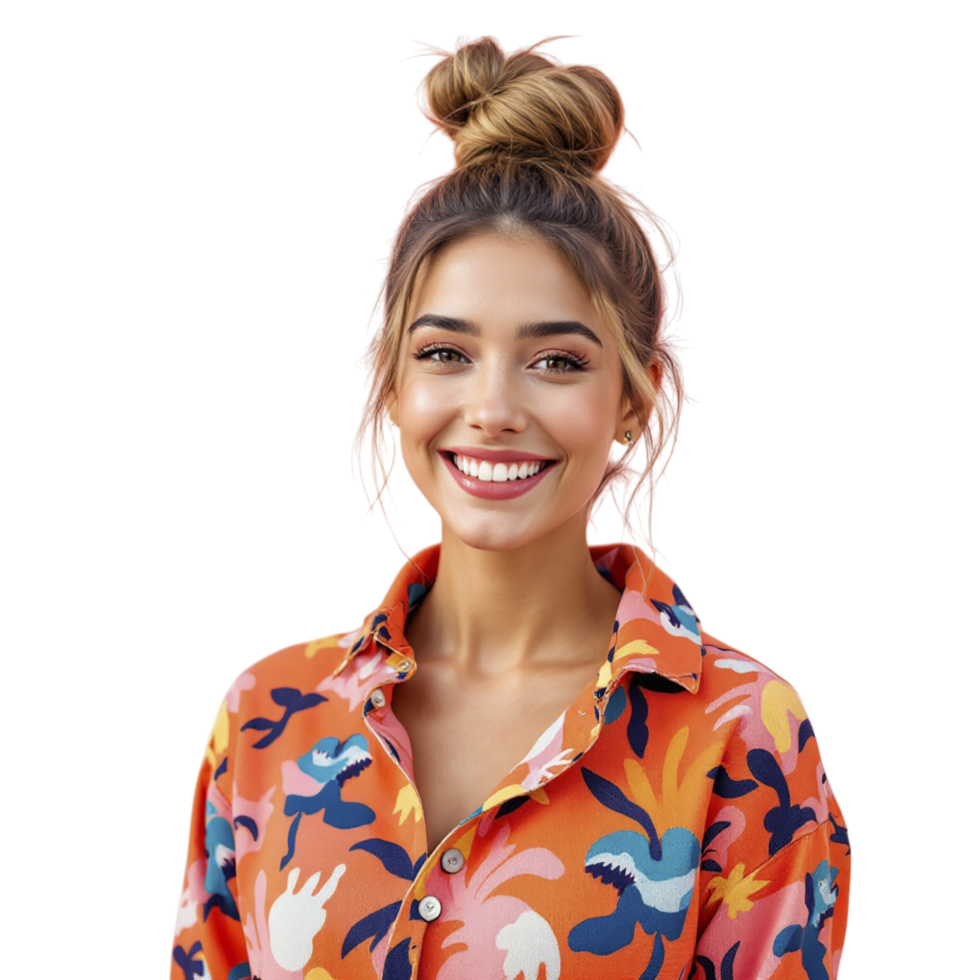 A woman in an orange floral shirt smiling png
