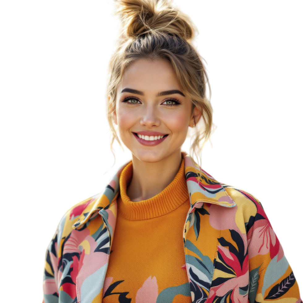 A beautiful woman in a colorful jacket smiling png