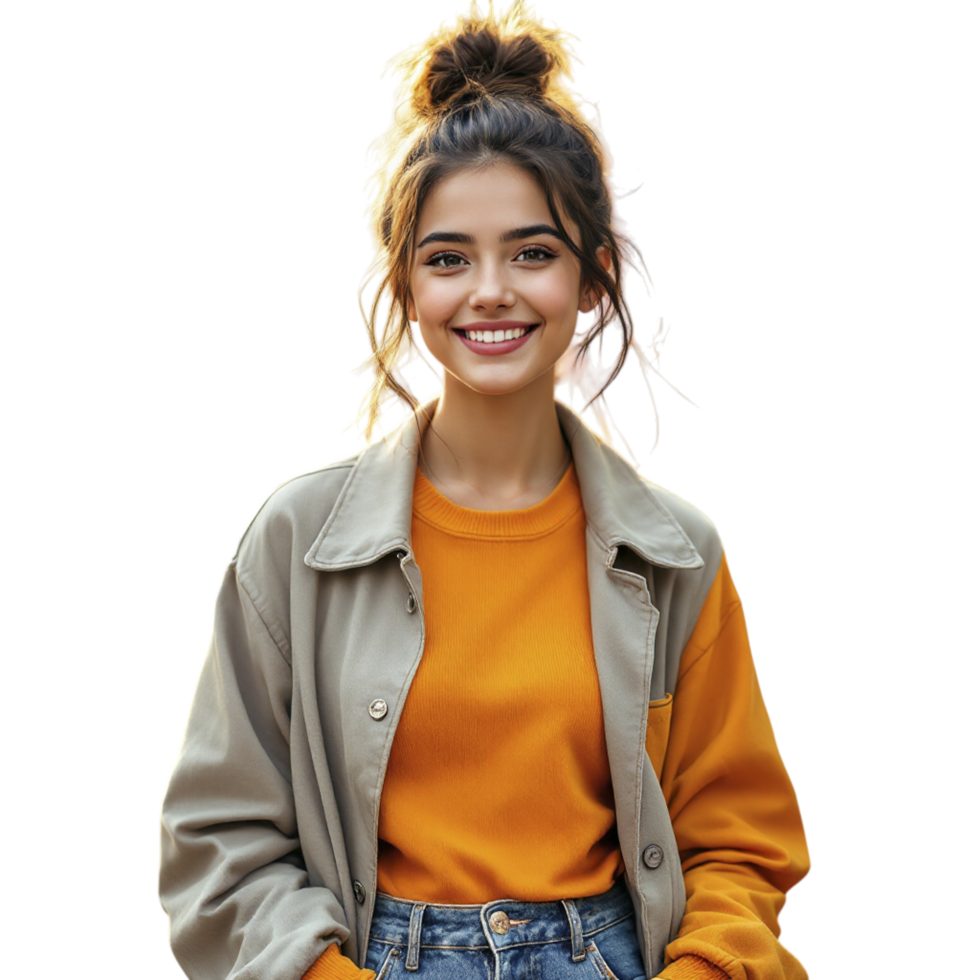 A girl in an orange shirt and jeans png