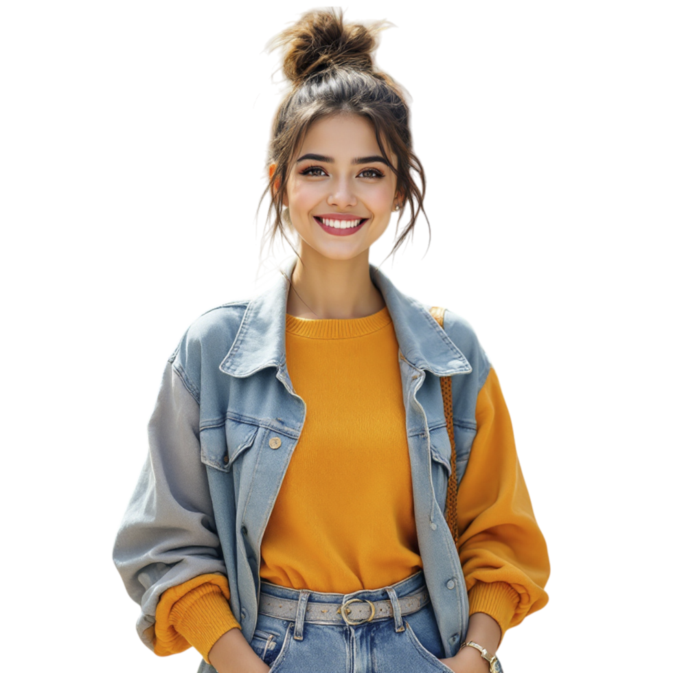 A woman in a yellow shirt and denim jacket png