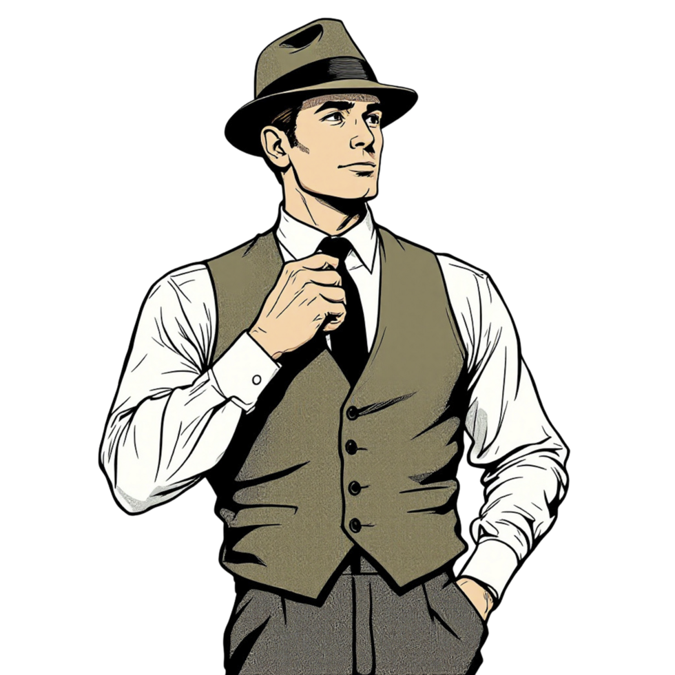 A man in a hat and vest is standing png