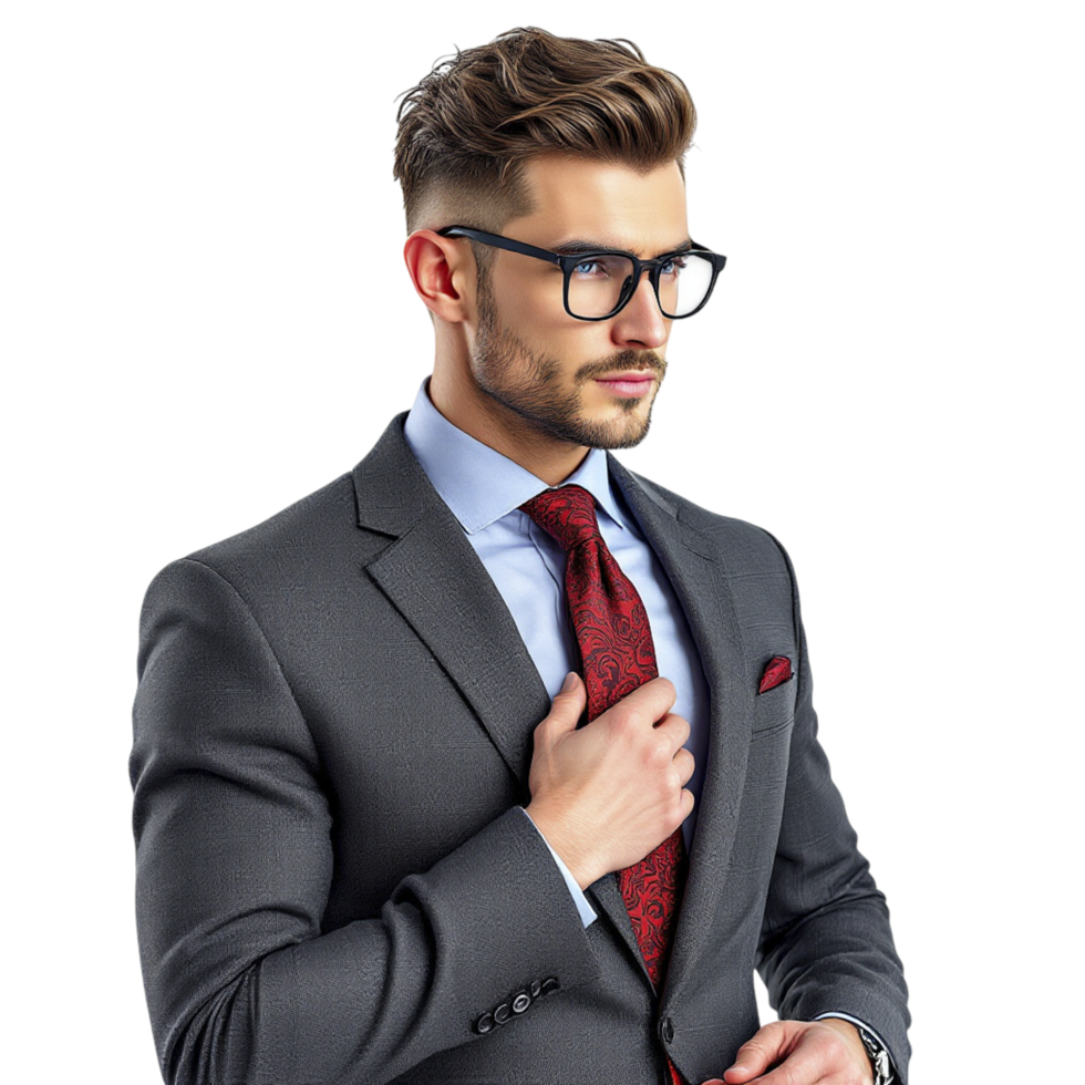 A man in a suit and glasses adjusting his tie png