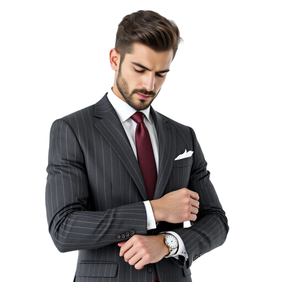 A man in a suit is adjusting his watch png