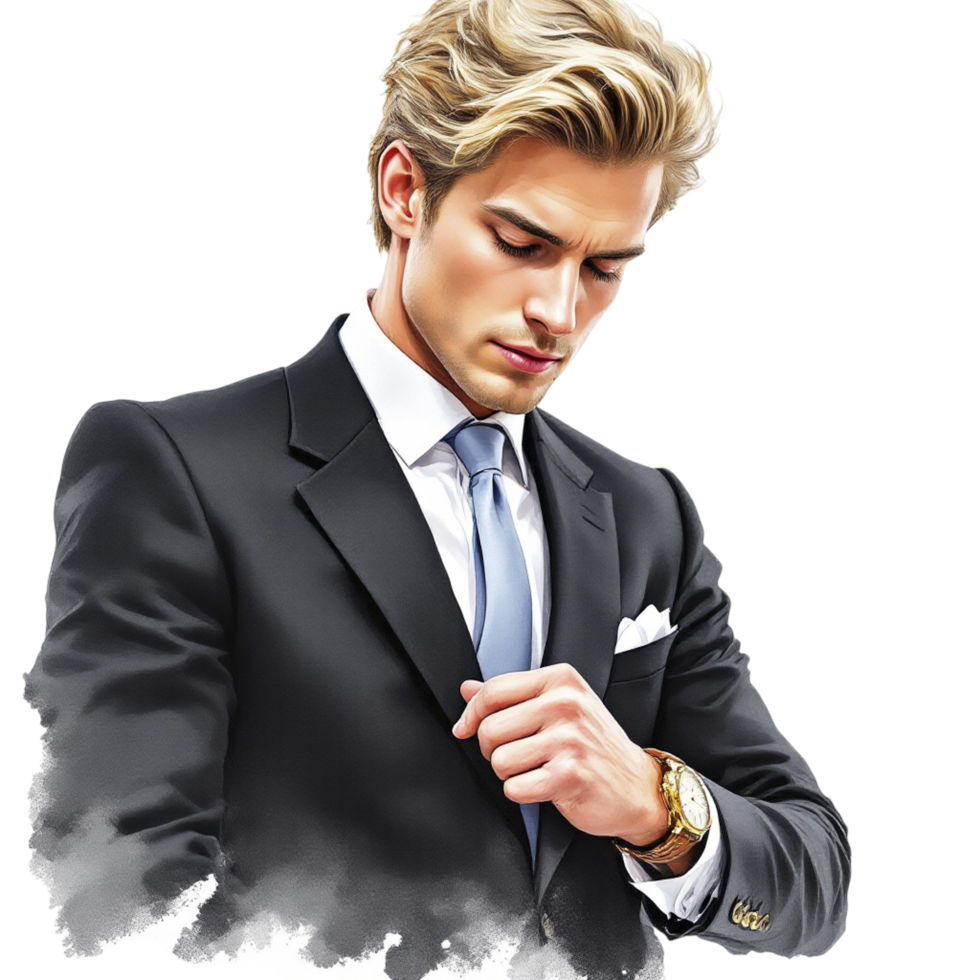 A man in a suit is looking at his watch png