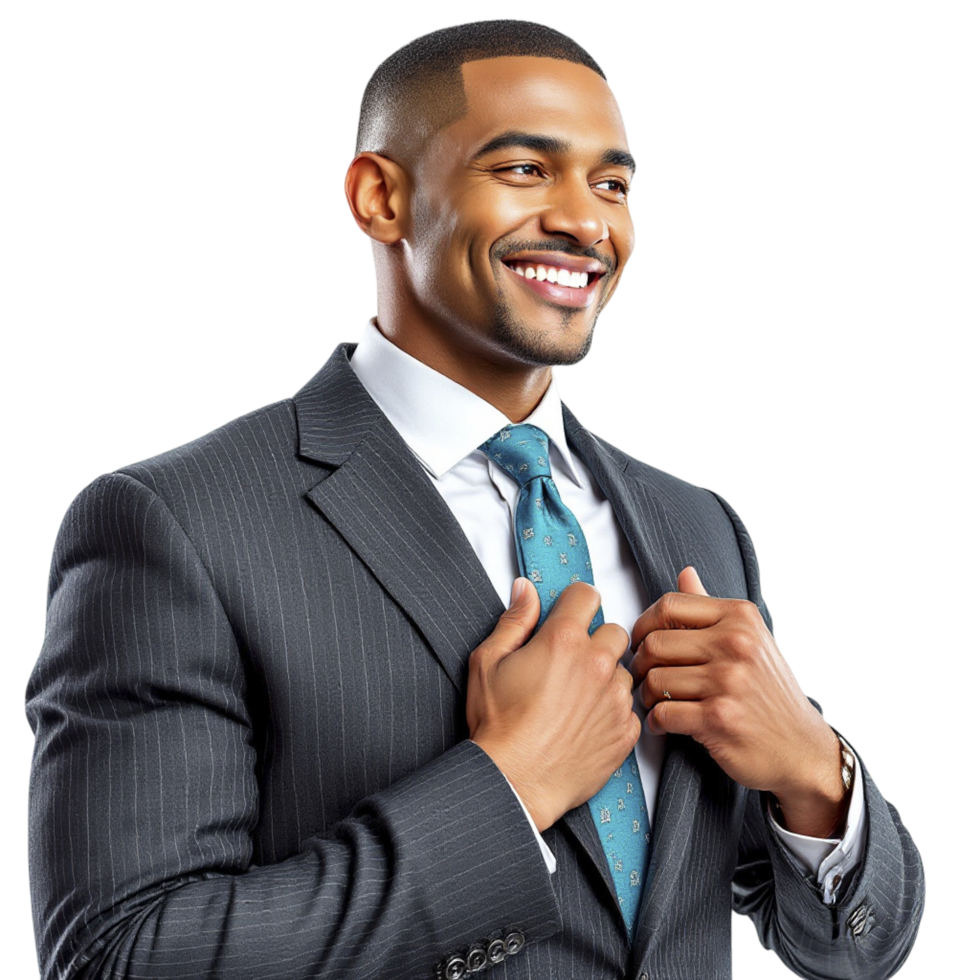 A man in a suit is smiling and adjusting his tie png