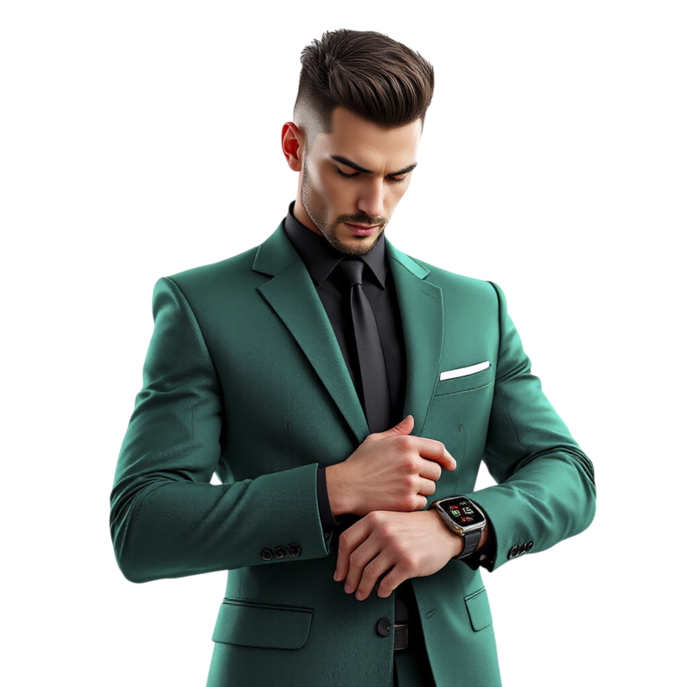 A man in a green suit checking his watch png