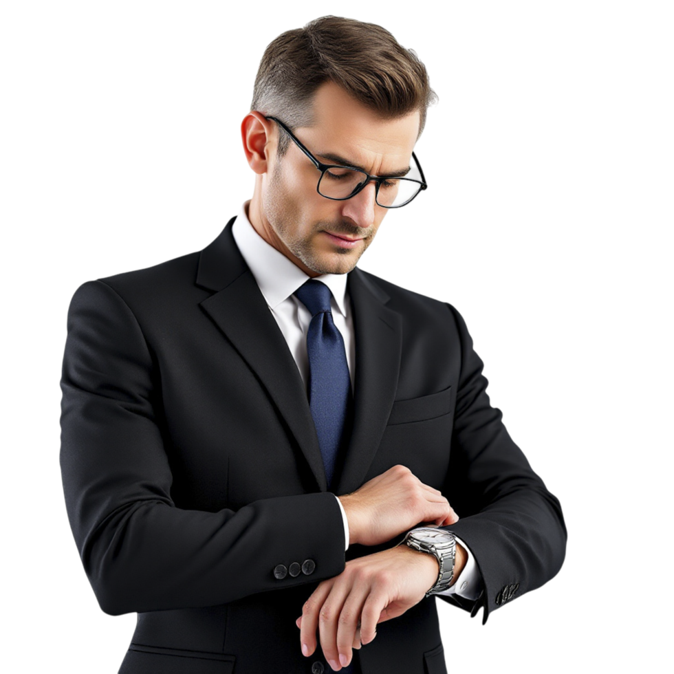 A man in a suit and tie checking his watch png