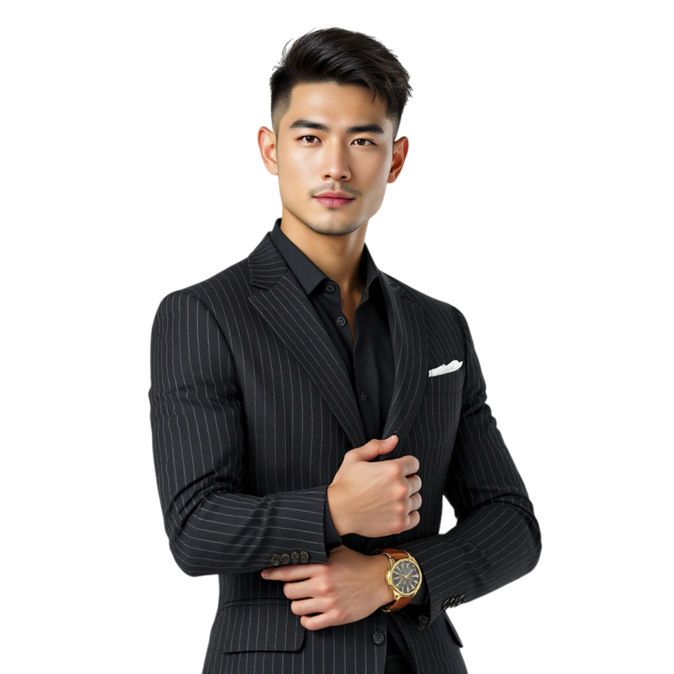 A young man in a black suit and white shirt png