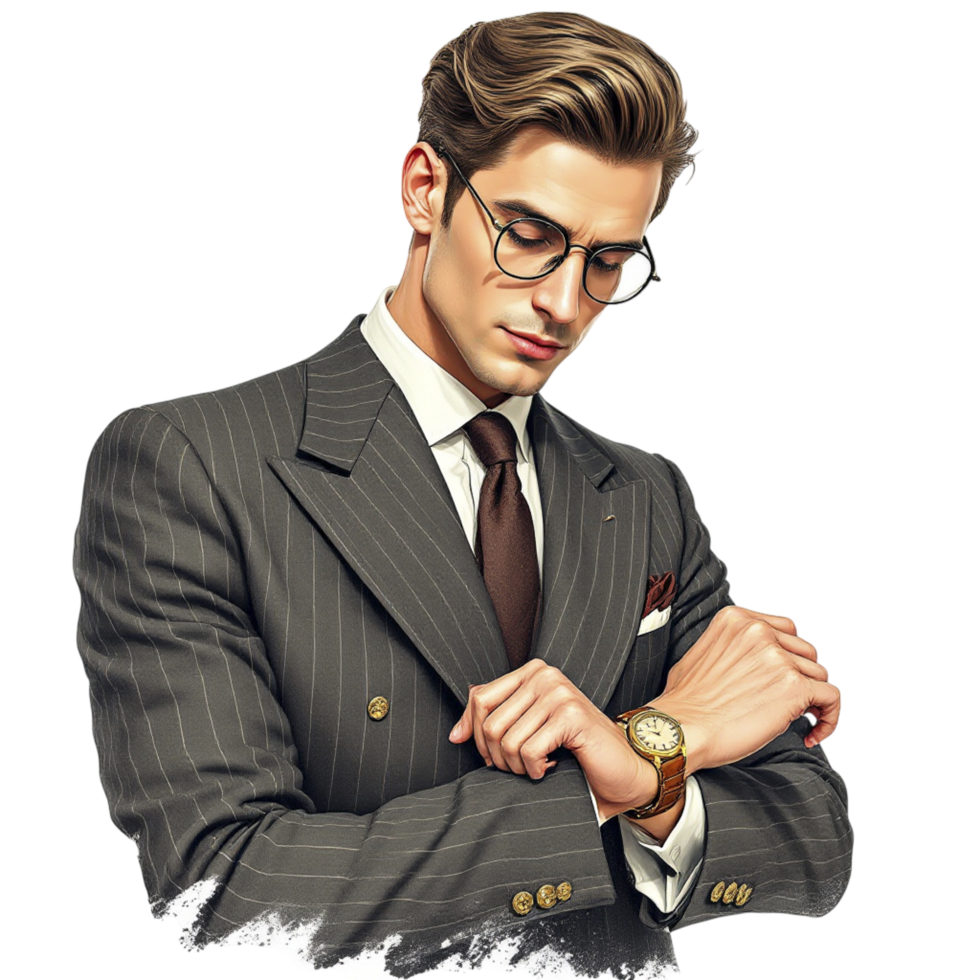 A man in a suit and glasses is looking at his watch png
