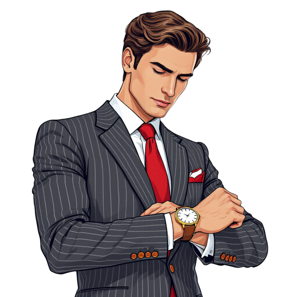 A man in a suit and tie is checking his watch png