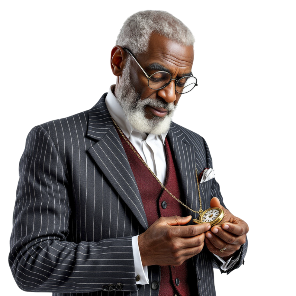 An old man in a suit and tie looking at a pocket watch png