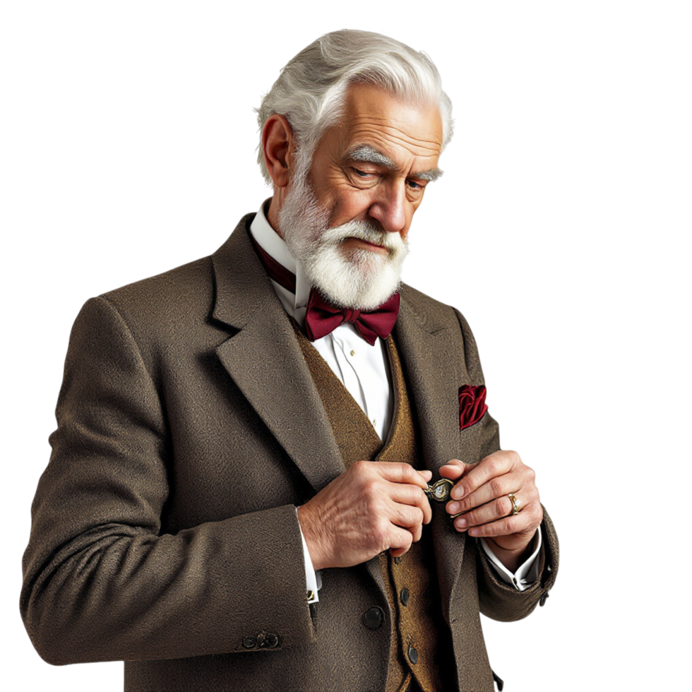 An old man in a suit and tie adjusting his tie png