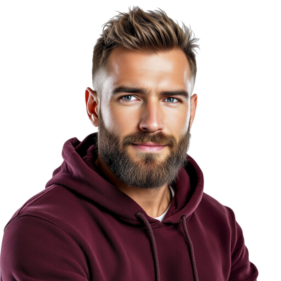 A man with a beard and a maroon hoodie png
