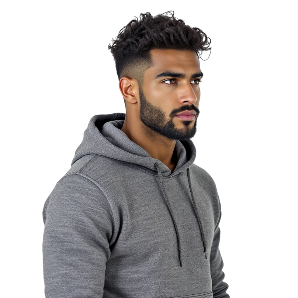 A man in a grey hoodie with a beard png
