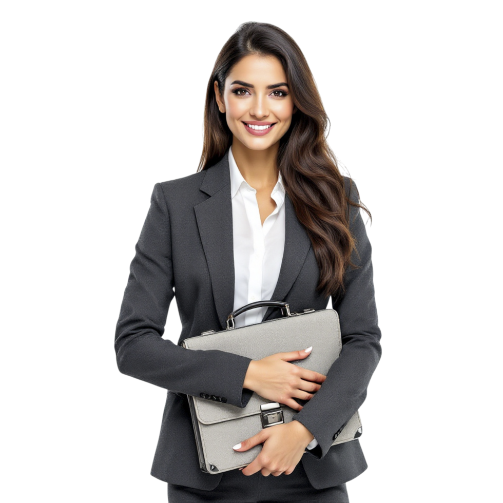 Business woman in suit holding a briefcase png