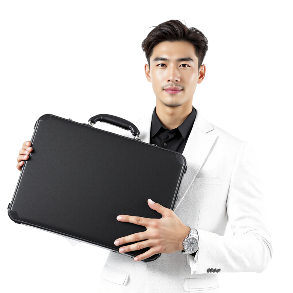 Asian man in suit holding a black briefcase png