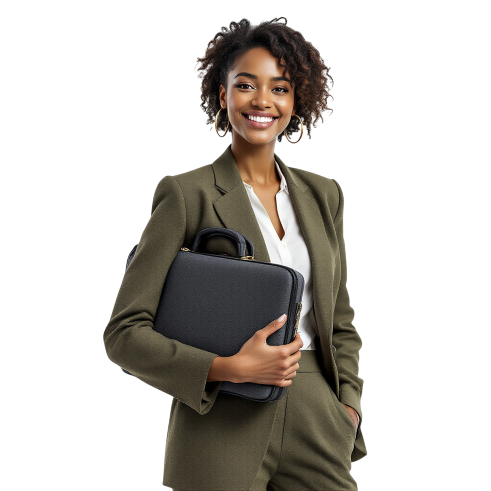 A smiling african american woman in a business suit holding a briefcase png
