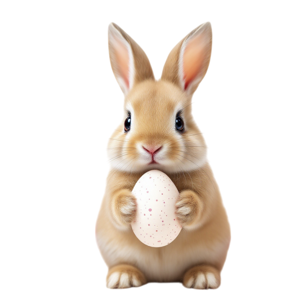 A brown rabbit holding an egg on a black background png
