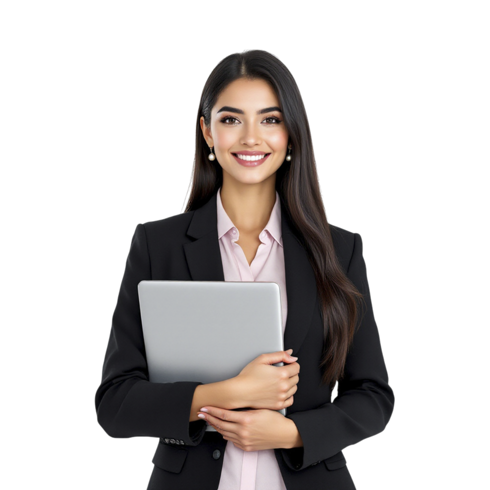 A beautiful young woman in a business suit holding a laptop png