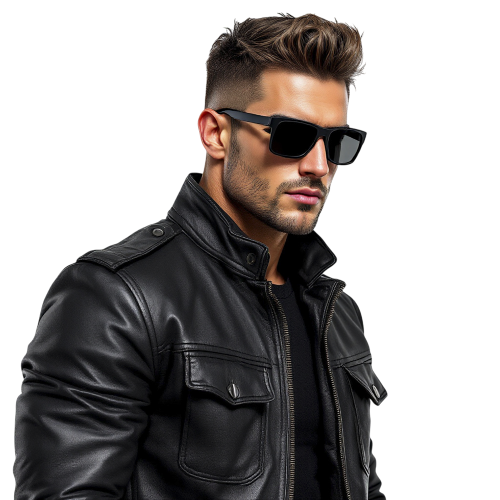 A man in black leather jacket and sunglasses png