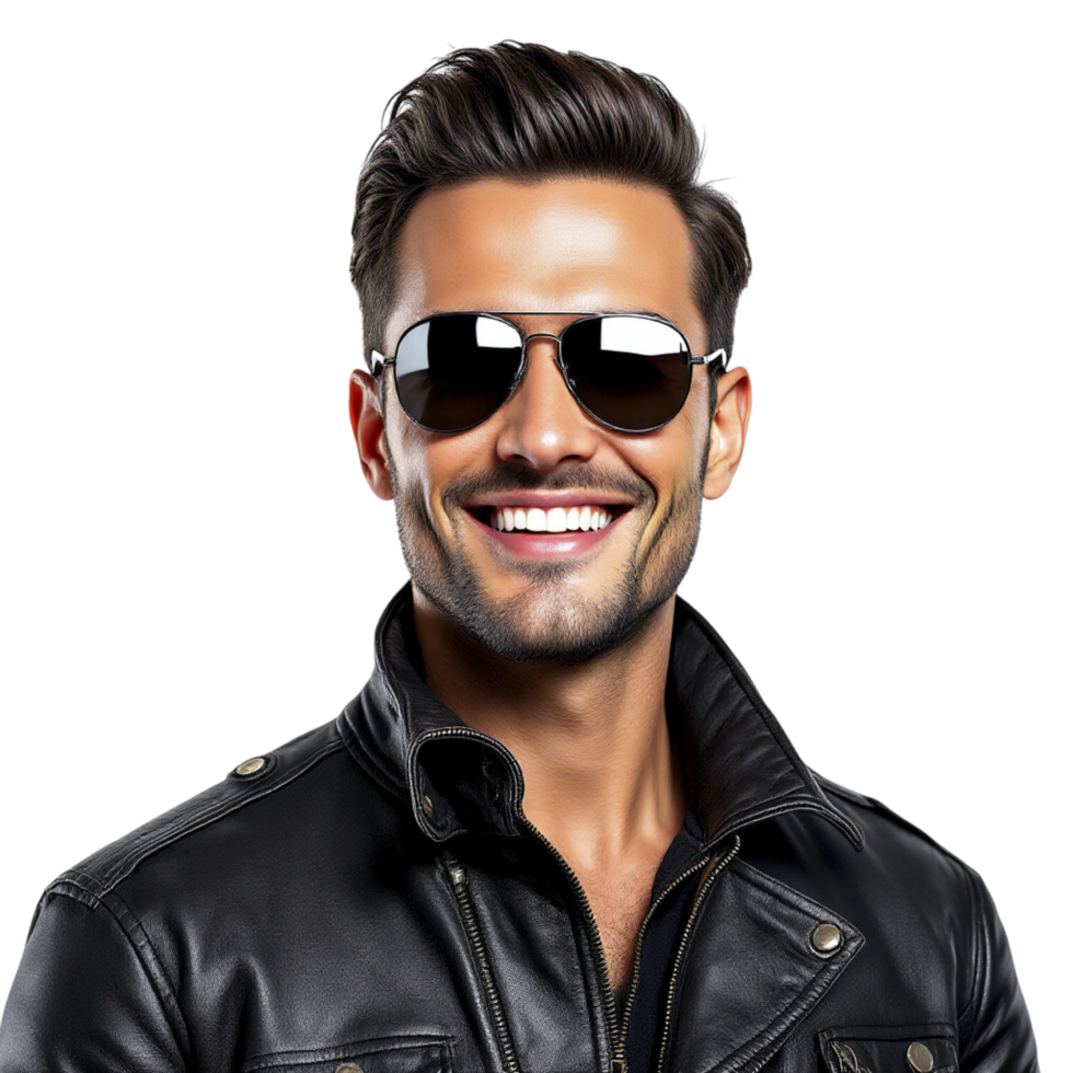 A man in a leather jacket and sunglasses smiling png