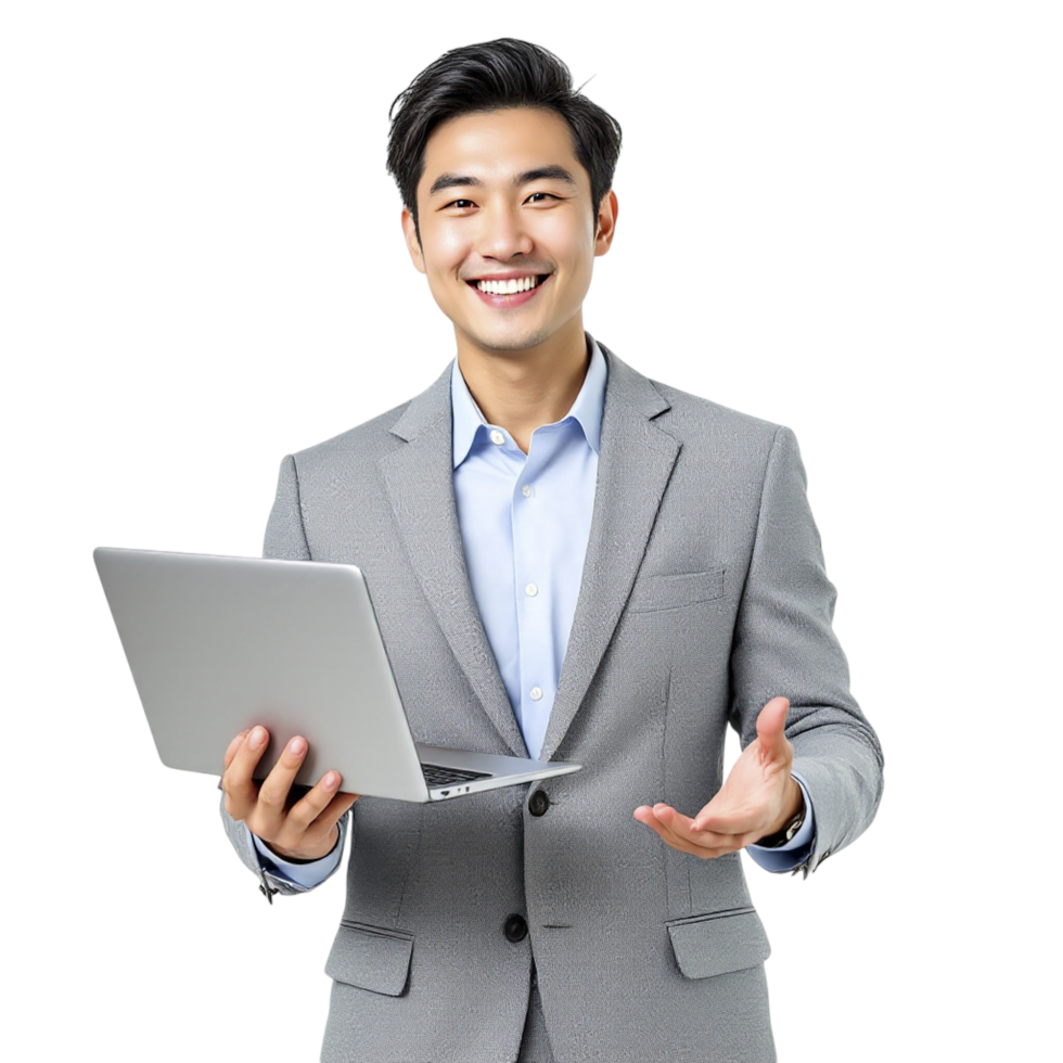 Asian businessman holding laptop and smiling png