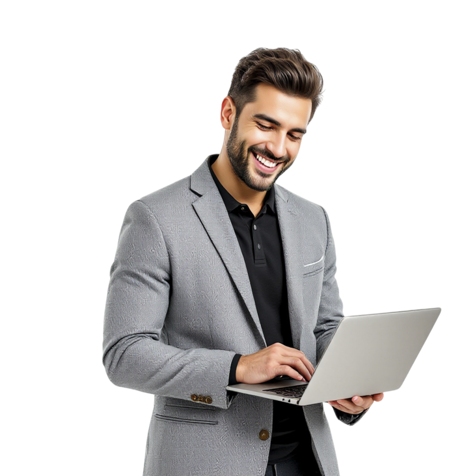 A man in a suit is holding a laptop png