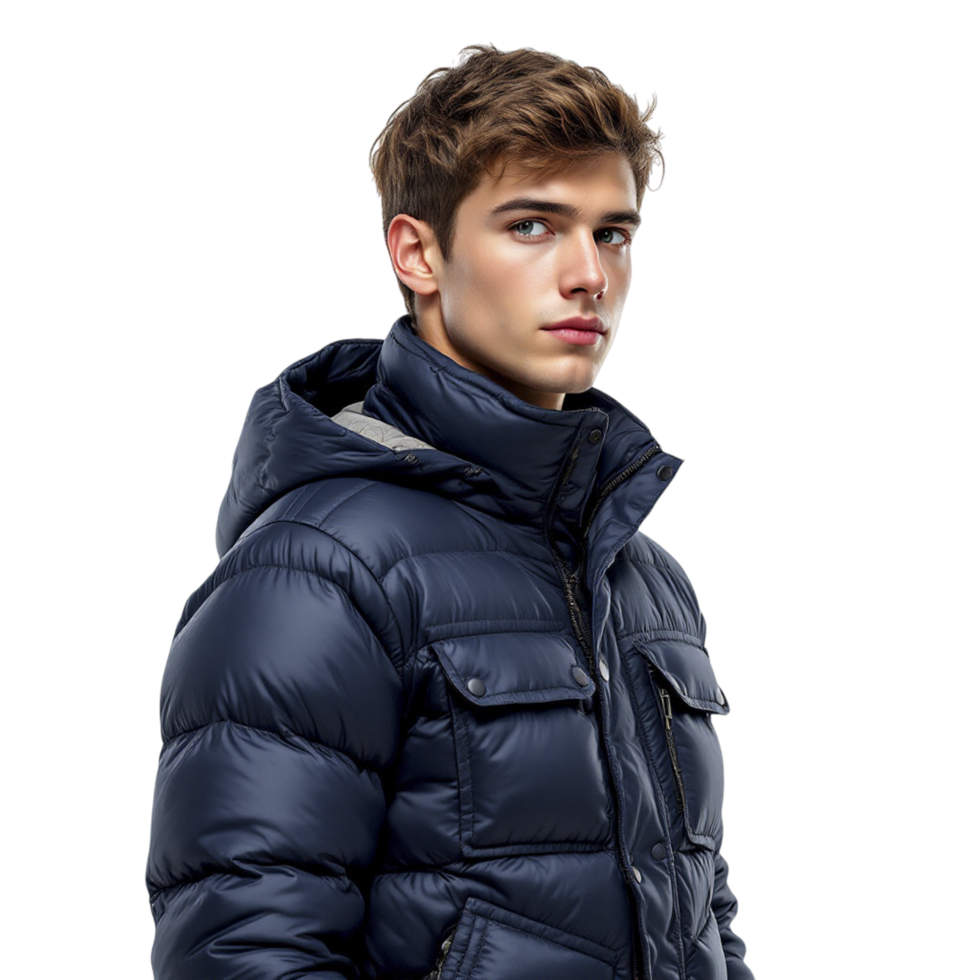 A young man in a navy puffy jacket png