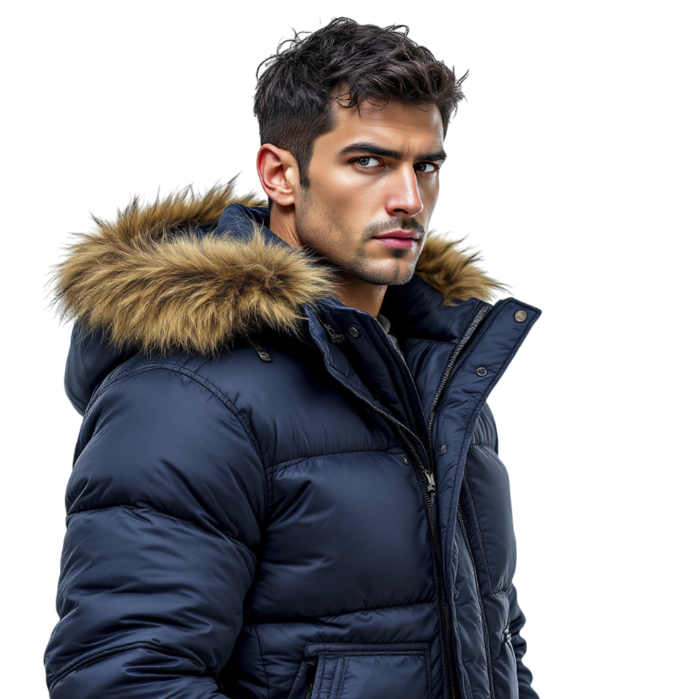 A man in a blue puffer jacket with a fur collar png