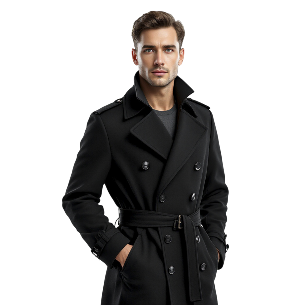 A man in a black trench coat png