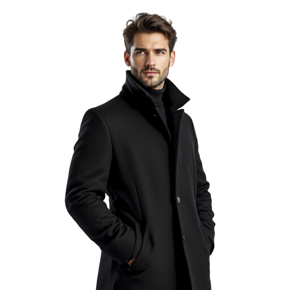 A man in a black coat and turtle neck png
