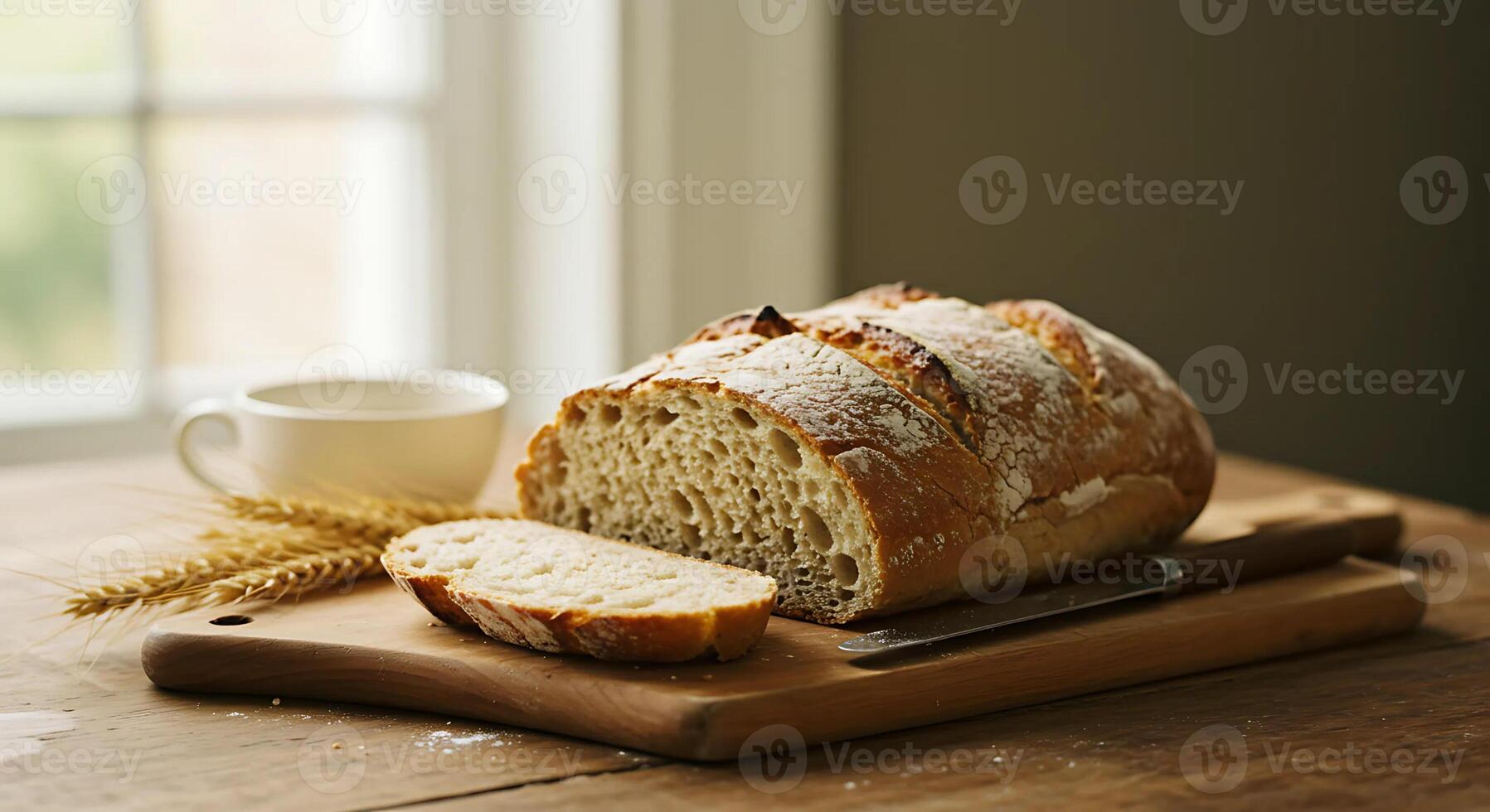 A loaf of bread on a cutting board photo