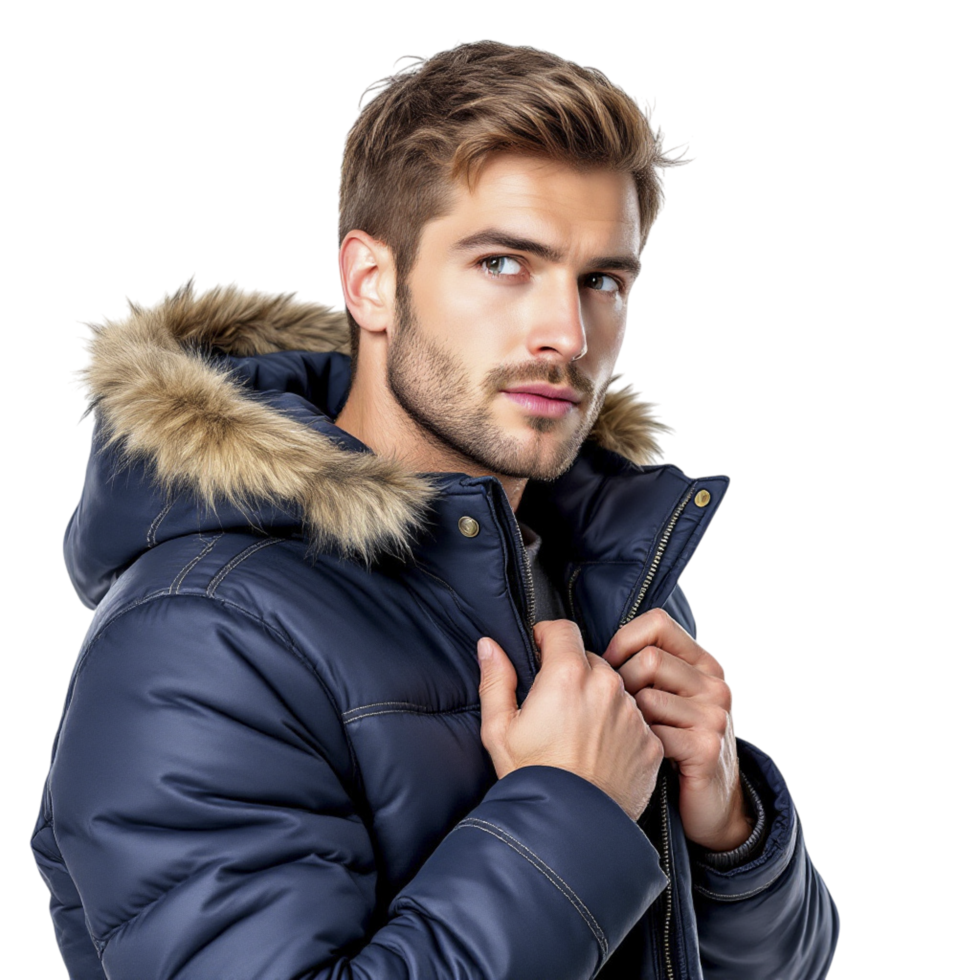 A man in a blue jacket with a fur collar png