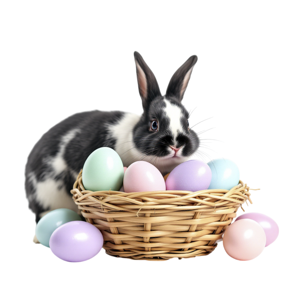 A black and white rabbit is sitting in a basket with colorful eggs png