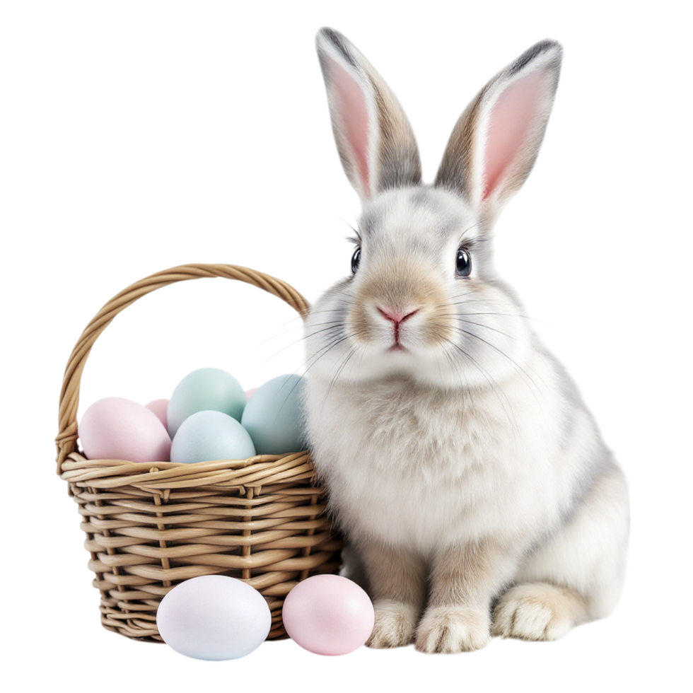 A white rabbit with a basket full of eggs png