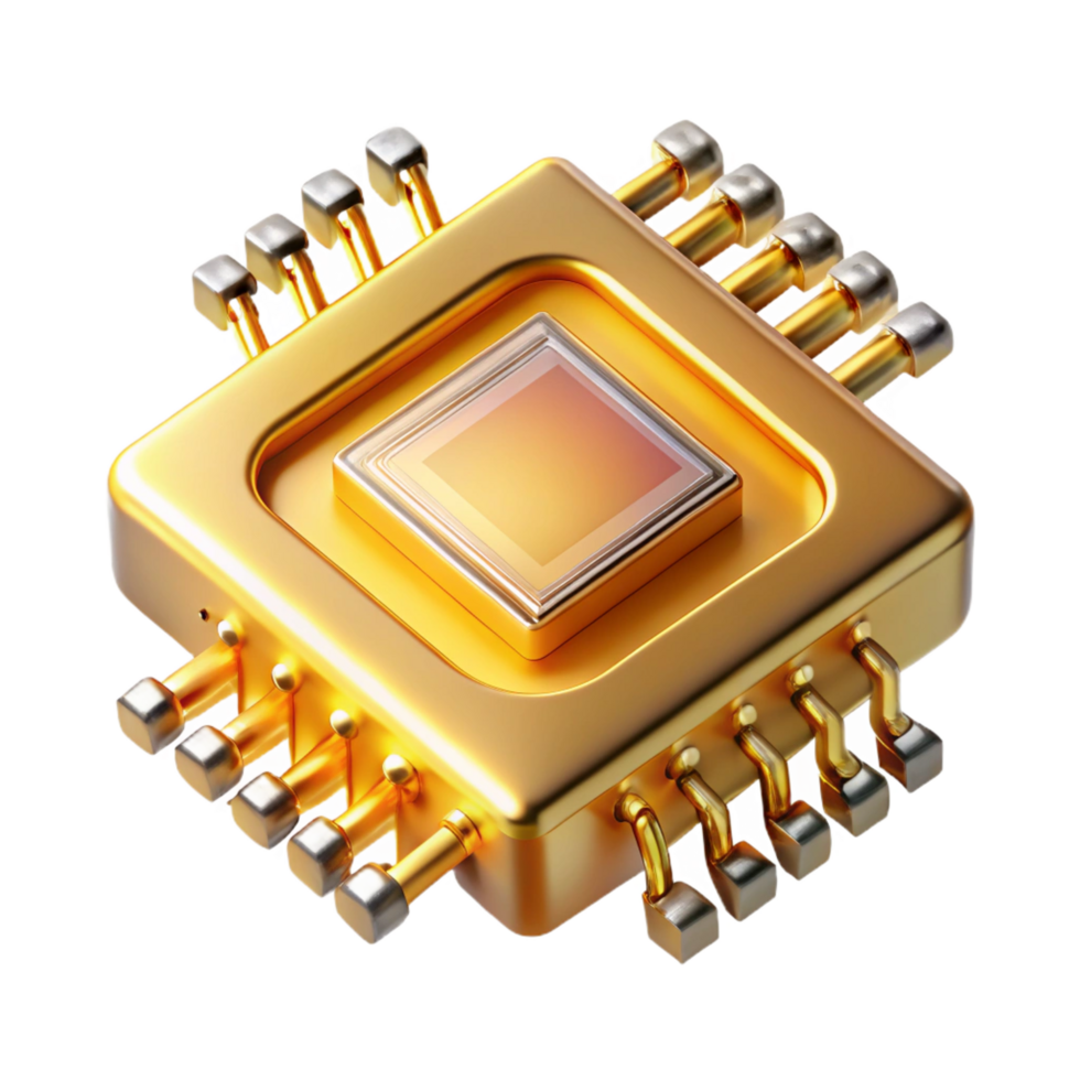 extraordinary traditional Quantum computer chip, glowing gold, complex circuitry exclusive png
