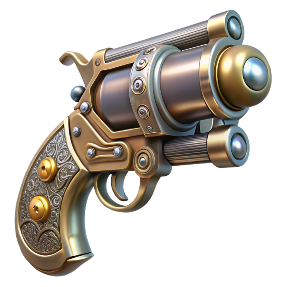 serene artistic Steampunk pistol with ornate engravings and a pearl handle original png