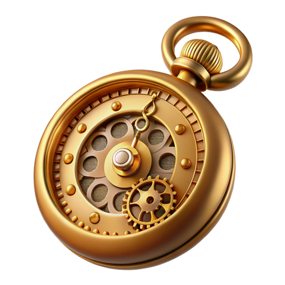 stunning minimalist Steampunk pocket watch with ornate Roman numerals and a visible escapement mechanism professional png