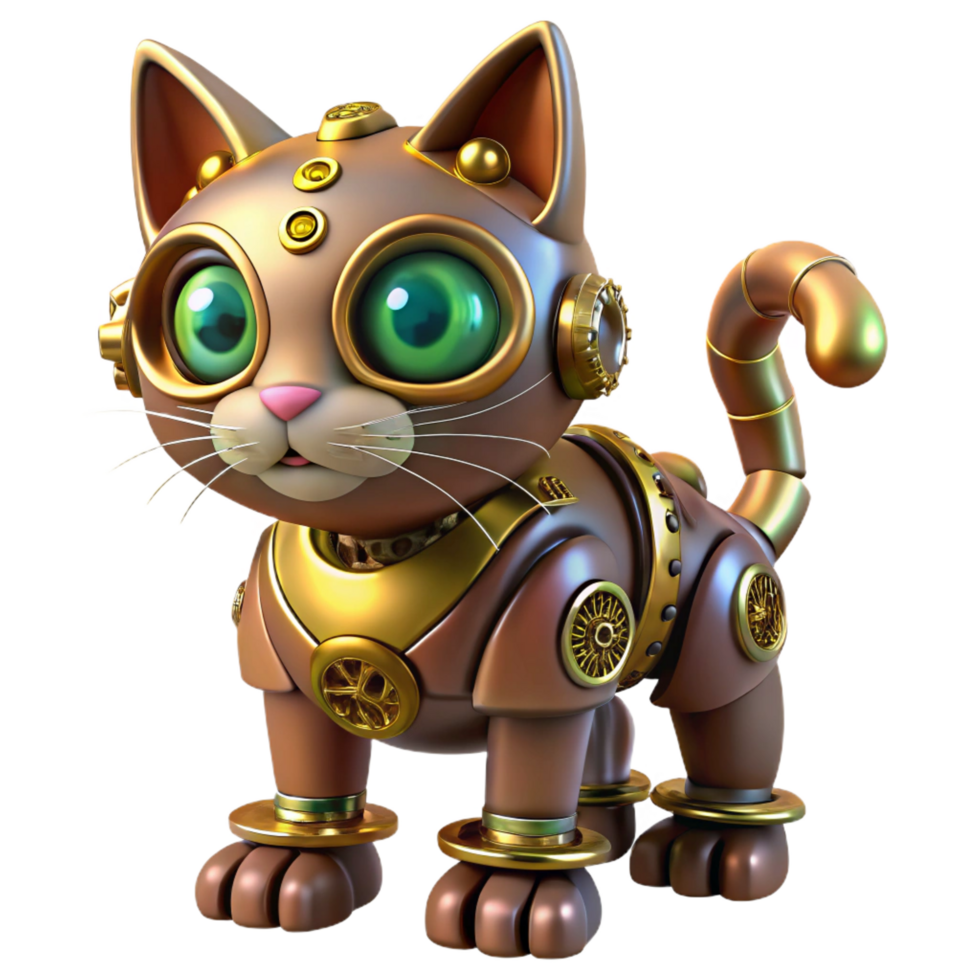 impressive classic Steampunk robotic cat with intricate gears and glowing eyes detailed png