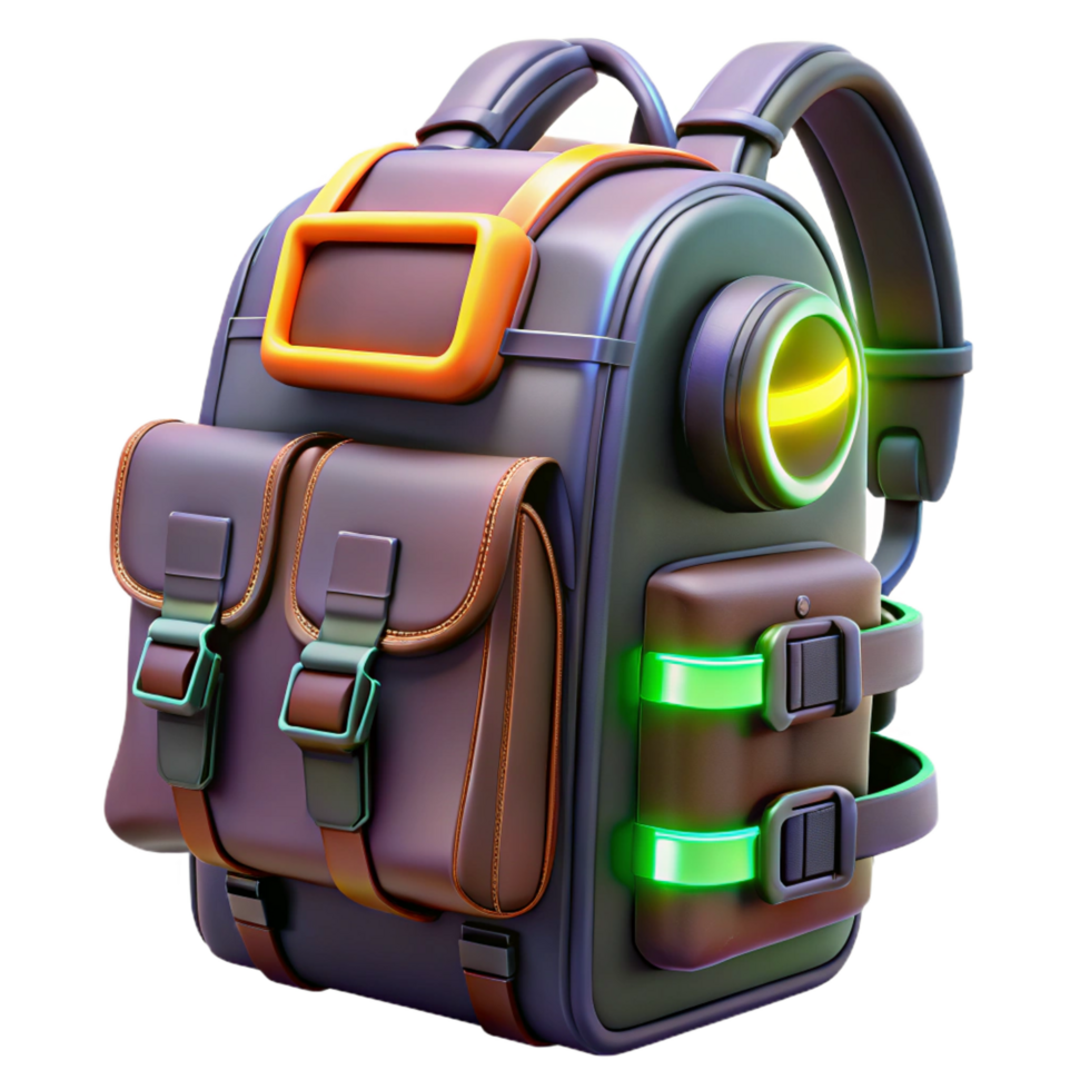 beautiful contemporary Cyberpunk backpack with glowing neon accents and multiple compartments high quality png