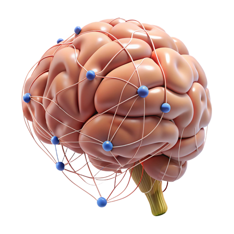 vibrant modern High-resolution 3D model of a human brain with neural pathways highlighted professional png
