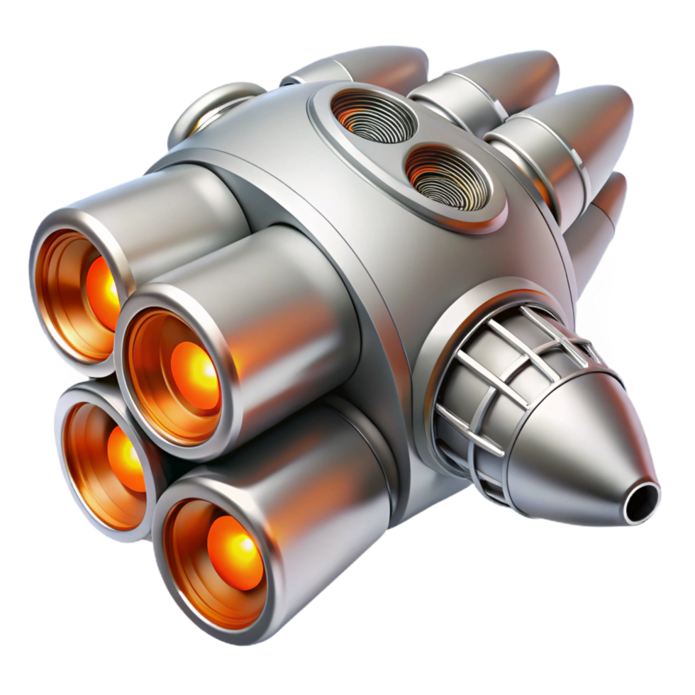 vibrant modern Sleek silver spaceship engine with multiple exhaust ports and glowing orange turbines professional png
